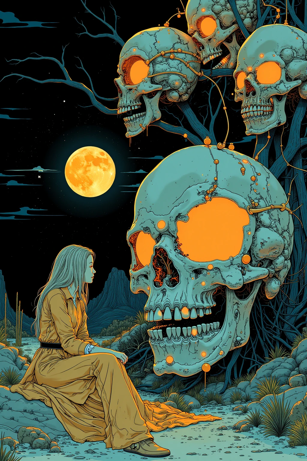   woman sitting on the side of a luminous skull、 Skulls are the only light source、Dark Desert 、Moebiusの絵にインスパイアされたエッチング, hieronymus bosch and Moebius,  Jean Girard and Waterhouse , ( Moebius ), inspired by jean Moebius giraud, in the stlye of Moebius, by jean Moebius giraud, 