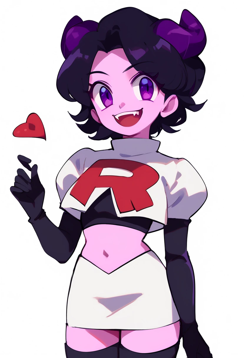 jellybean_yt, solo, looking at viewer, smile, short hair, open mouth, black hair, 1girl, white background, purple eyes, female focus, horns, teeth, colored skin, fangs, team rocket,team rocket uniform,white skirt,red letter R,crop top,black thigh-highs,black elbow gloves, source