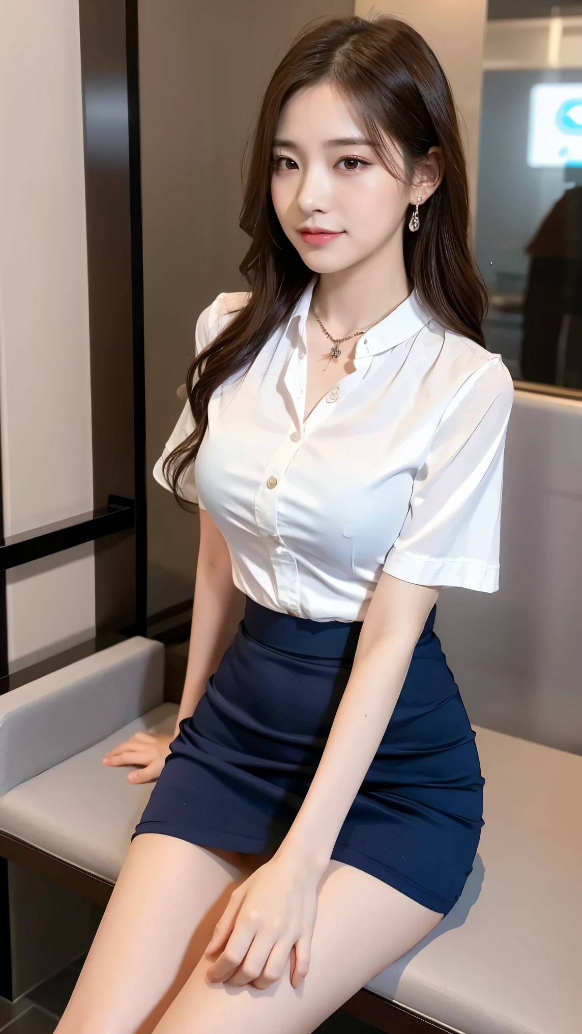 Araffe woman sitting on a bench in a white shirt and blue skirt - SeaArt AI