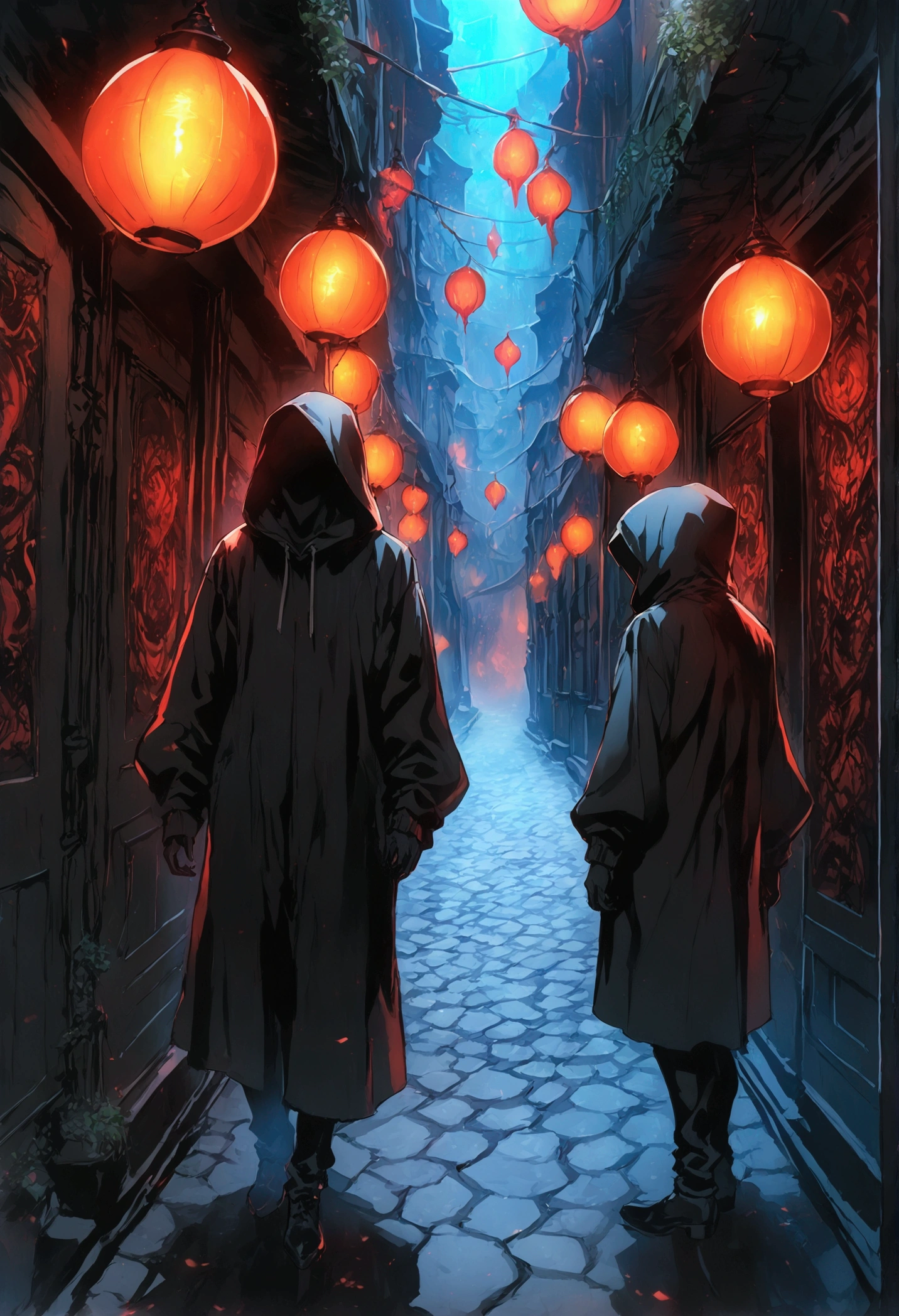 Dark alleyway, hooded evil man, best quality, anime artwork, anime style vibrant, studio anime, highly detailed, black background 