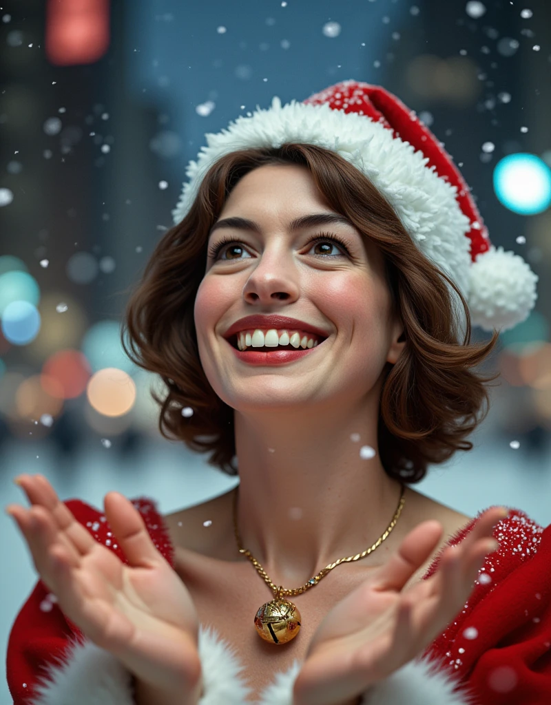  Writing  decoration silver and black Italic letter, "White Christmas", writing bottom screen,  Front view, soft focus, Cinematic lighting, gold jingle bell small neck less,  Look up at the sky,  face close up ,open hands, 1 female , name is Anne Hathaway,  (brown middle hair, brown eye ,smile),  Santa Claus costume,  Santa hat and shoes, fall many snow, White Christmas, in New York , night, (masterpiece, highest quality, High resolution, Photo realistic, sharp, RAW Photos, wallpaper, perfection, Professional Lighting, Very detailed)