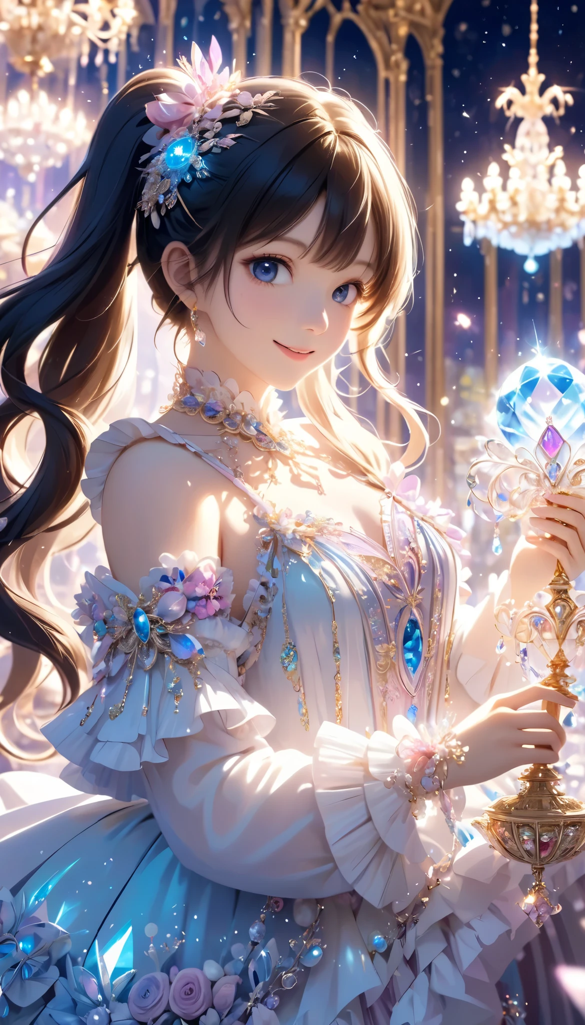 Dramatic composition, Court dress, Royal, nice, Cascading Ruffles, Raffle, bow, Crystal Chandelier , Swirl Hairstyles, Place, drill-like double ponytail , camera , bangs, Maximalism , Palace-like background, Delicate depiction of hair and eyes, Princess Dress , nice skirts, Flowers in hands, smile, Starry Eyes, Cinematic Light, Extremely detailed, High Definition , happy girl , long hair, diamond with s, broken diamond with s, Crystal Fragment, Particles of light