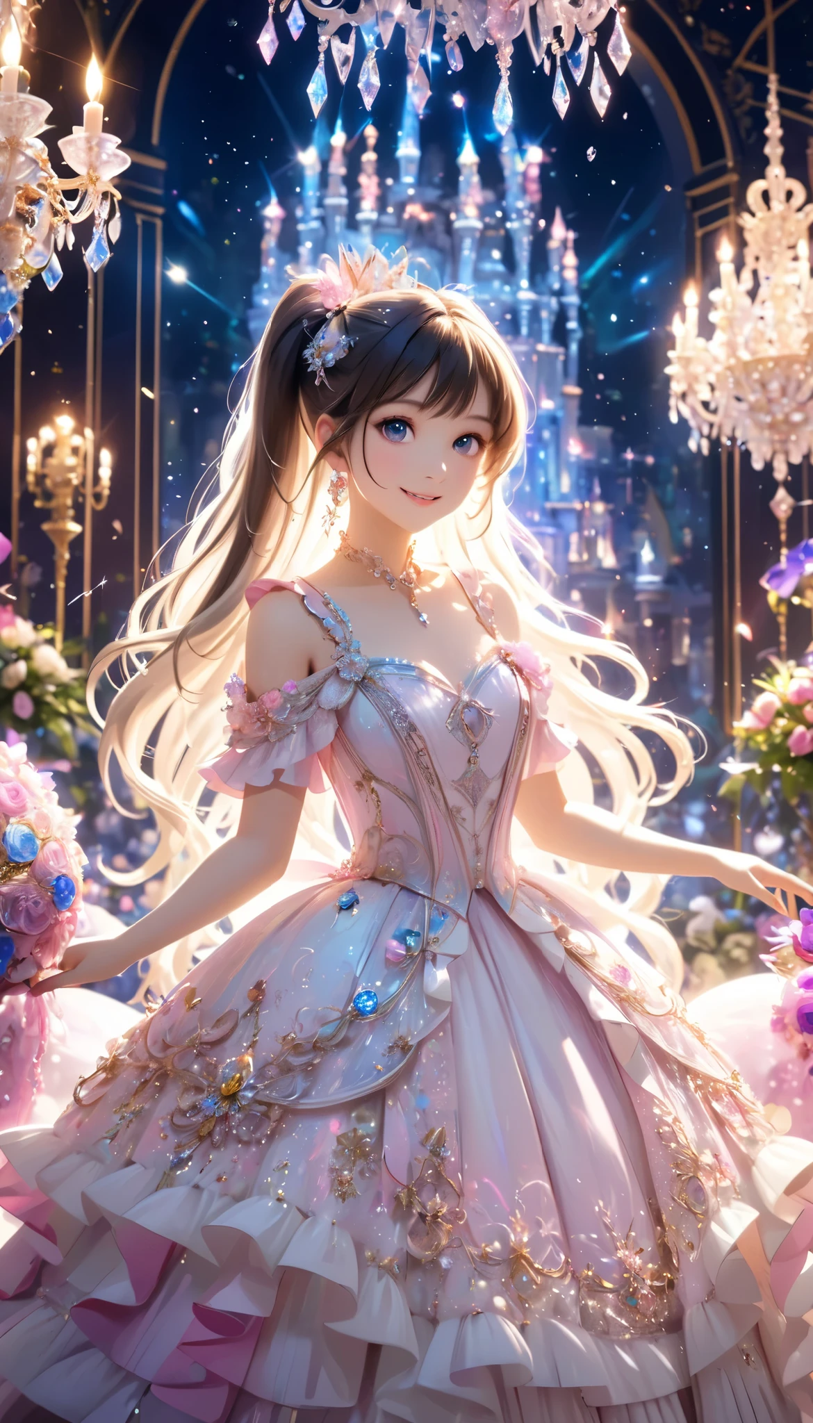 Dramatic composition, Court dress, Royal, nice, Cascading Ruffles, Raffle, bow, Crystal Chandelier , Swirl Hairstyles, Place, drill-like double ponytail , camera , bangs, Maximalism , Palace-like background, Delicate depiction of hair and eyes, Princess Dress , nice skirts, Flowers in hands, smile, Starry Eyes, Cinematic Light, Extremely detailed, High Definition , happy girl , long hair, diamond with s, broken diamond with s, Crystal Fragment, Particles of light