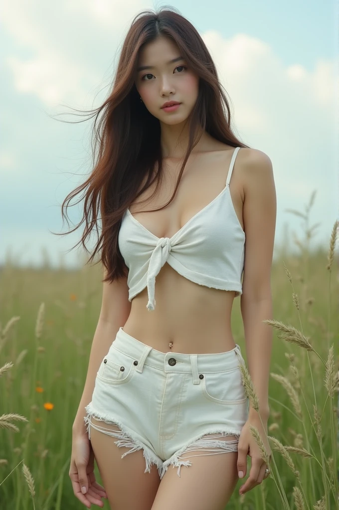 lifelike, Highres, 1 GIRL, Red wavy hair, Korean, heterochromia eyes, Small moles under the eyes, Loose high tie pattern white shirt,Shawl, denim shorts,Sun hat,thighlet,Flower Garden,