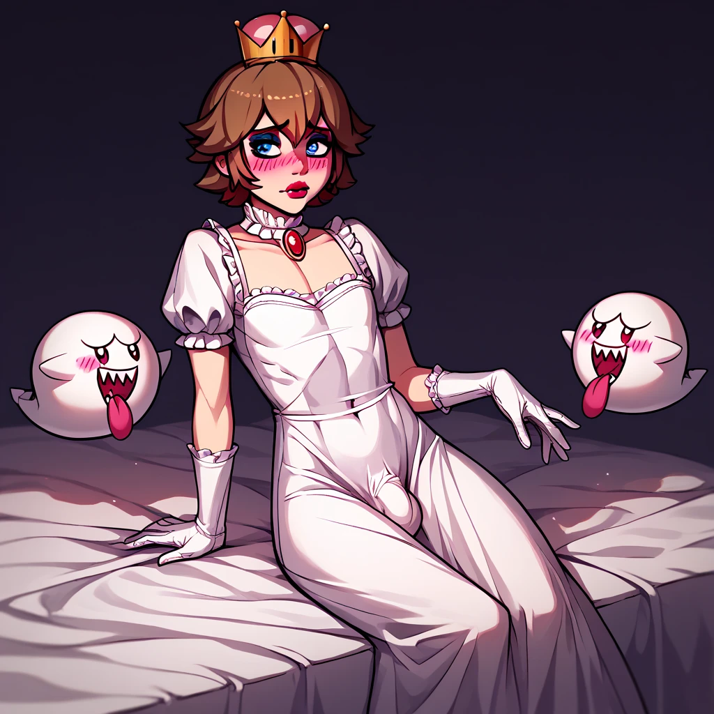 1boy, solo, alone, bed, red lips, brown hair, short hair, spike hair, blue eyes, red eyeshadow, pink blush, pink lips, shy, flat chest, sit on bed, cosplay Princess King Boo / Princess Boo / PeachyBoo / Booette / Boosette - Super Mario Bros , Princess King Boo / Princess Boo / PeachyBoo / Booette / Boosette - Super Mario Bros outfit, bulge small penis under outfit, 