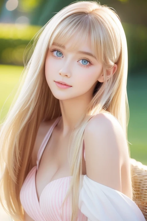 Very white、 very beautiful in a chair 、Beautiful girls of the world、 very beautiful in a chair きれいな顔をした女の子、beautiful beautiful blonde hair、 Half body shot of an extraordinary beautiful girl 、Eye-blocking bangs 、Beautiful long bangs、Beautiful bangs between the eyes、 striped hair、Round face、 very bright very bright pale mint green eyes、 super long straight silky hair 、 very beautiful bright very bright iris 、 big eyes、Pure white and beautiful skin、 the luster of young cheeks 、 pink dress、The beauty of a small face、Round face、 Big Breasts 