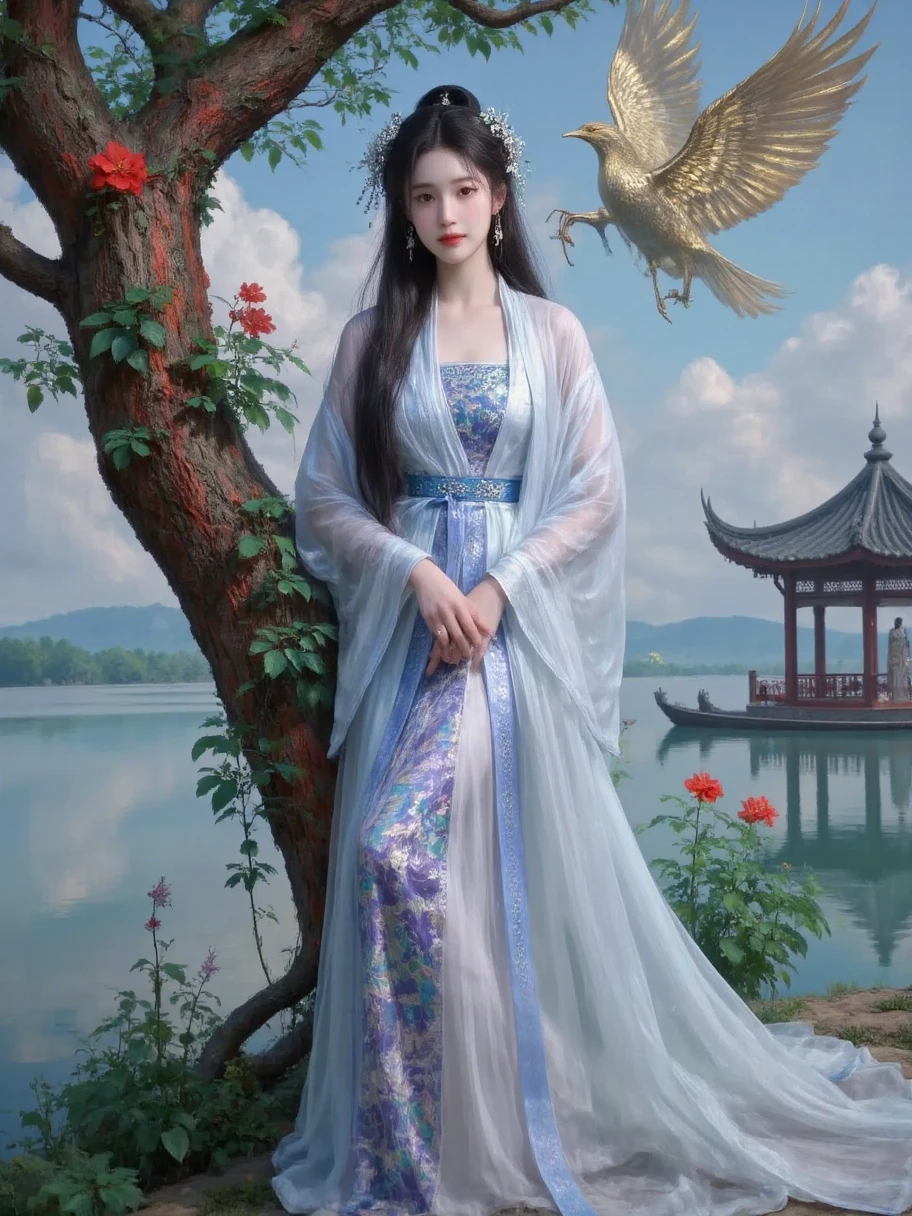 beautiful woman in a white, blue and purple chiffon dress, shimmering blue details on the dress, full body portrait, voluptuous figure with a slim waist, detailed and bright eyes and face, gentle and cute smile, complex blue and purple floral patterns on the dress, standing in the West Lake in Hangzhou, pavilion and boat in the background, porcelain-like face, vibrant colors, exquisite details, art photography, photorealistic, 8k high resolution, cinematic, Chinese style