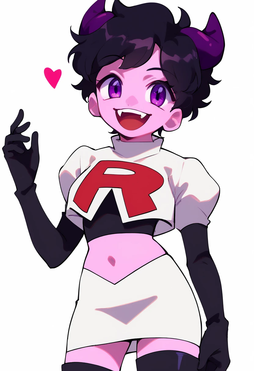 jellybean_yt, solo, looking at viewer, smile, short hair, open mouth, black hair, 1girl, white background, purple eyes, female focus, horns, teeth, colored skin, fangs, team rocket,team rocket uniform,white skirt,red letter R,crop top,black thigh-highs,black elbow gloves, source