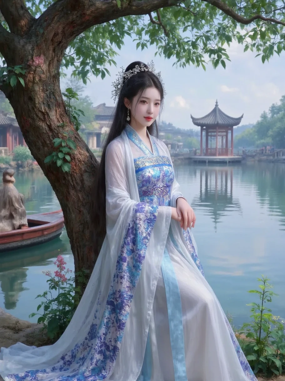 beautiful woman in a white, blue and purple chiffon dress, shimmering blue details on the dress, full body portrait, voluptuous figure with a slim waist, detailed and bright eyes and face, gentle and cute smile, complex blue and purple floral patterns on the dress, standing in the West Lake in Hangzhou, pavilion and boat in the background, porcelain-like face, vibrant colors, exquisite details, art photography, photorealistic, 8k high resolution, cinematic, Chinese style