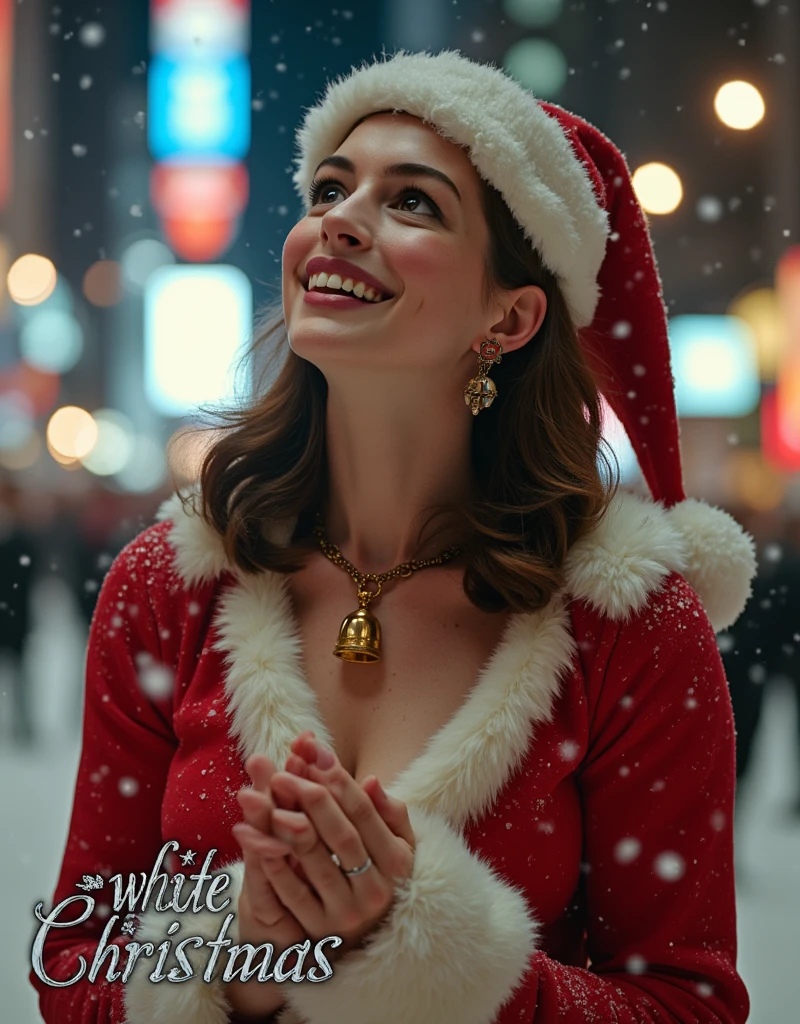  Writing  decoration silver and black Italic letter, "White Christmas", writing bottom screen,  Front view, soft focus, Cinematic lighting, X mas gold western bell small neck less,  Look up at the sky,  upper body shot ,open hands, 1 female , name is Anne Hathaway,  (brown middle hair, brown eye ,smile),  Santa Claus costume,  Santa hat and shoes, fall many snow, White Christmas, in New York , night, (masterpiece, highest quality, High resolution, Photo realistic, sharp, RAW Photos, wallpaper, perfection, Professional Lighting, Very detailed)