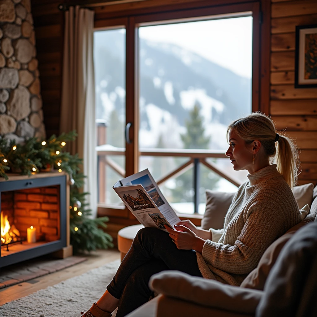nordic country。The rooms in a log house are made of logs., And the walls are also made of logs..。warm room。One window that looks out。one large fireplace。brown hair girl, beautiful blue eyes, Clear white skin is reading a book.。
she is wearing warm clothes。
