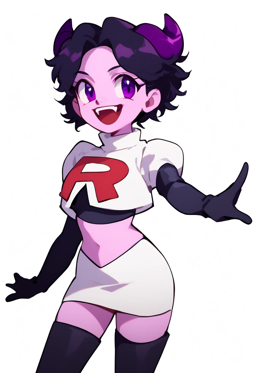 jellybean_yt, solo, looking at viewer, smile, short hair, open mouth, black hair, 1girl, white background, purple eyes, female focus, horns, teeth, colored skin, fangs, team rocket,team rocket uniform,white skirt,red letter R,crop top,black thigh-highs,black elbow gloves, source