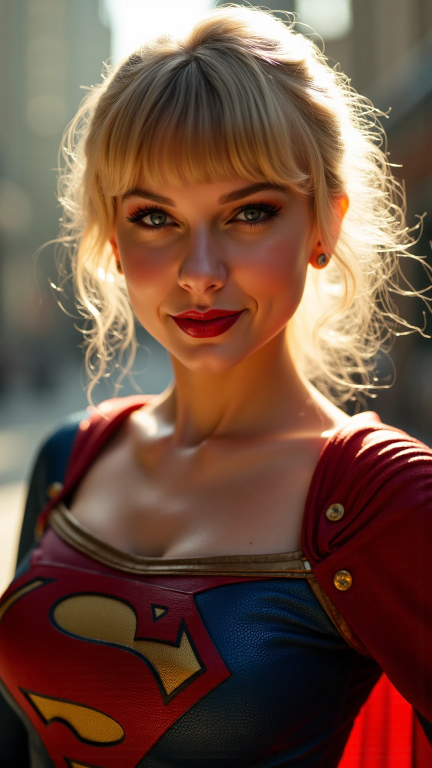 1girl, supergirl, High Resolution, Breasts, Blush, BLONDE, Short Hair, Bangs, Solo, Long Hair, Looking at viewer, Smile, Open Mouth, Blue eyes, Backlighting, Film Grain, Bokeh, cinematic, 4k, HD