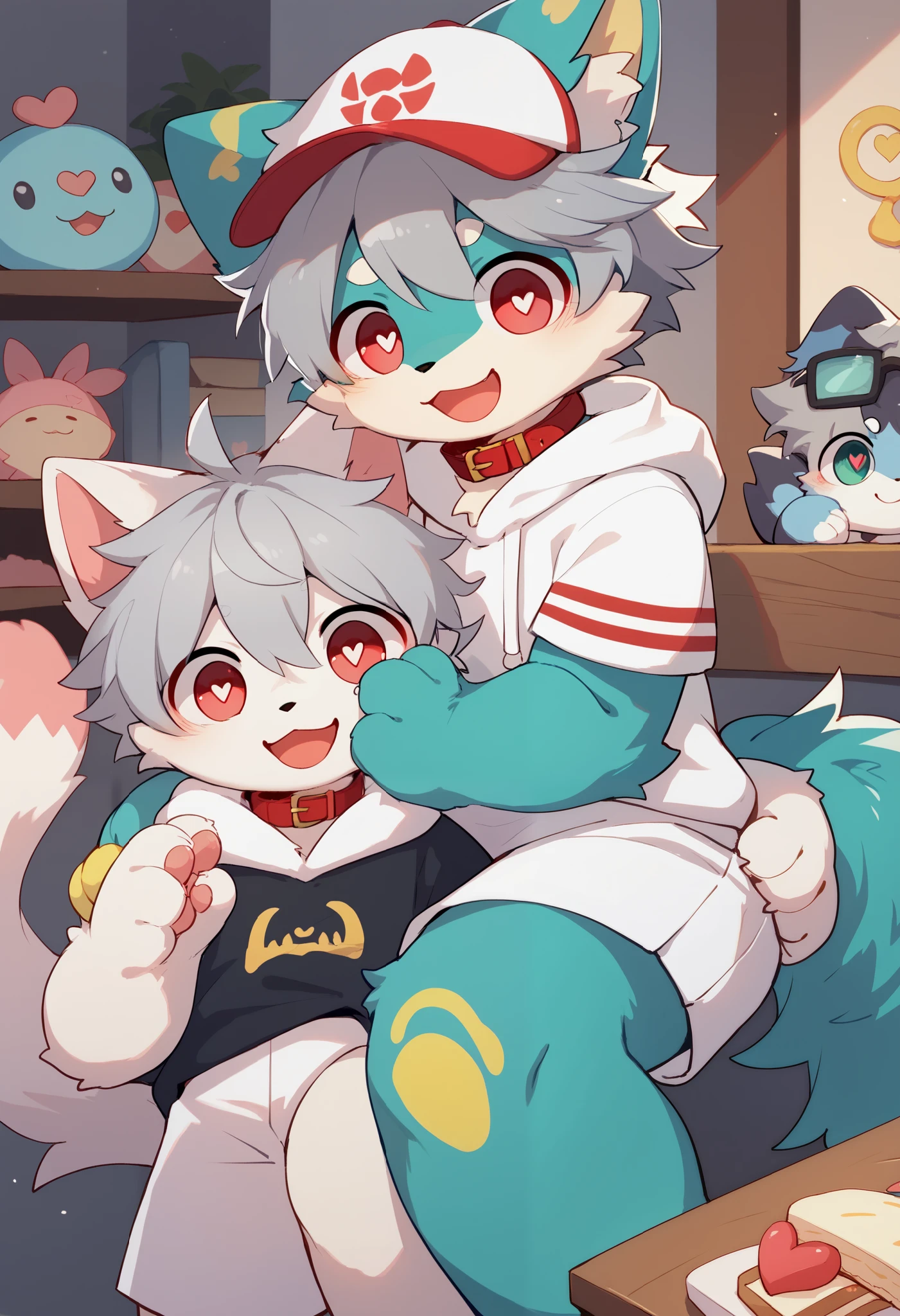  very detailed な, very detailed , gray hair with blue fur ,,male,骨を見てExcited,Heart Eyes,participate,Red collar, green white and colored hat, cute face, fluffy fur like one,Excited,Horny boy,Smiling face, Stylish Room,：cutesy poo [pie]：say in simpery voice,：act cute to guys﻿,kitten,Dropped ears,Beautiful room,,Cheek your hands ,Heart Eyes,Want, into white shorts,WHITE SHORT SLEEVE HOODIE 