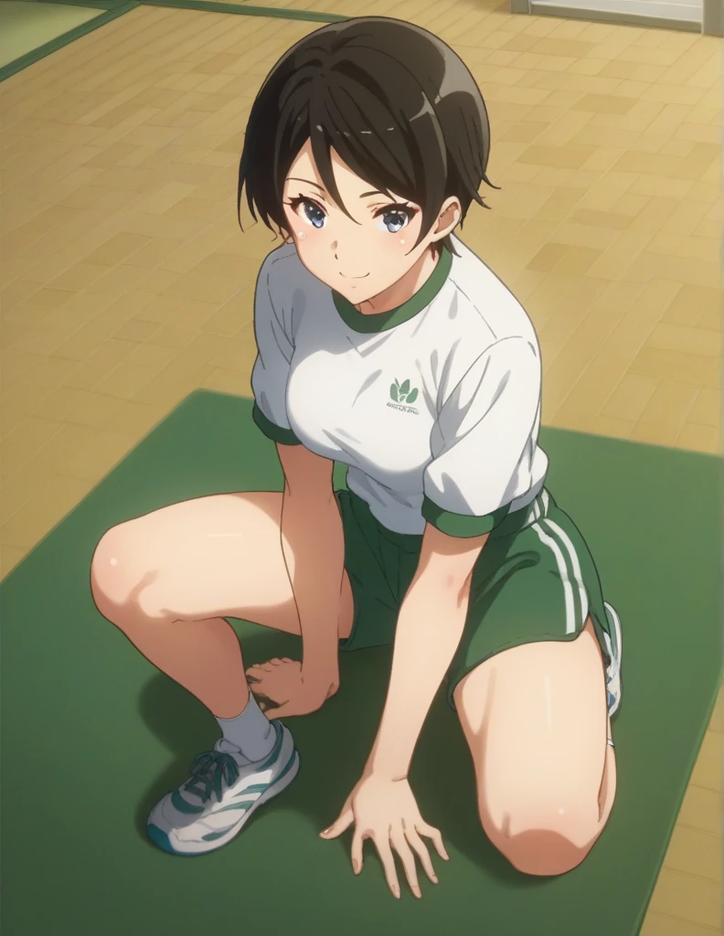 score_9, score_8_ up, score_7_ up, score_6_ up, score_5_ up,  Source_Anime, rating_safe, medium breasts, indoor, Gym,  One girl , Alone,  viewers, suzuki mirei ,  Shorthair, Eyebrow hair,  blue eyes, Gym uniform,  white shirt, Green trousers,  short shorts,  white knee-high ,  sneakers, smile,  dynamic pose, A little thick,judo player、judo、Inside the judo Gymnasium、On the tatami、discovery、whole body、rest、幼い頃judo家に育てられた. 