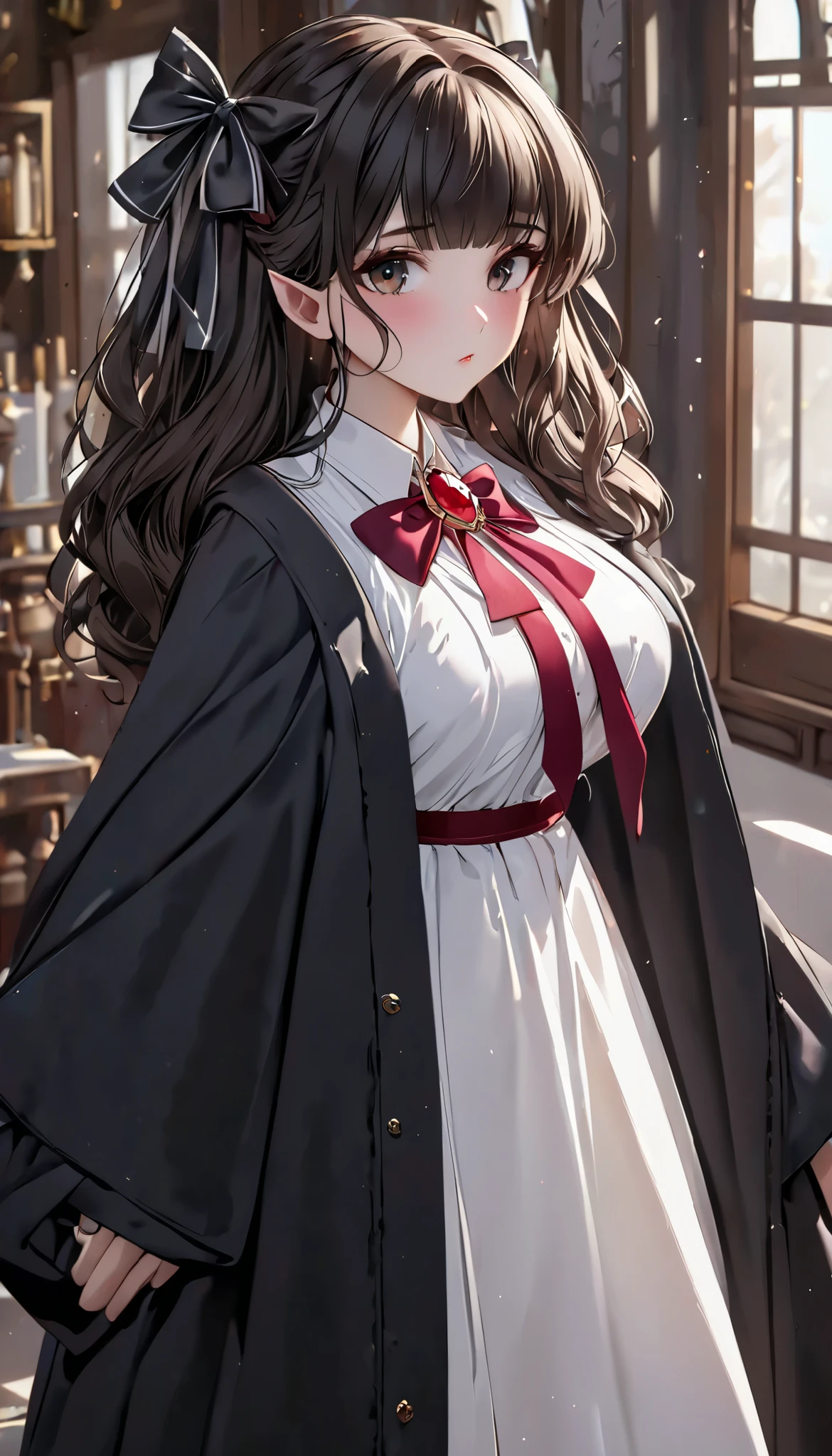 ((Best quality, 8k, Masterpiece: 1.3)), Highly detailed face and skin texture, big Black hair ribbon, brown hair, girl attending magic school, elf girl, solo, Black Robe, White blouse, red ruby ​​pendant