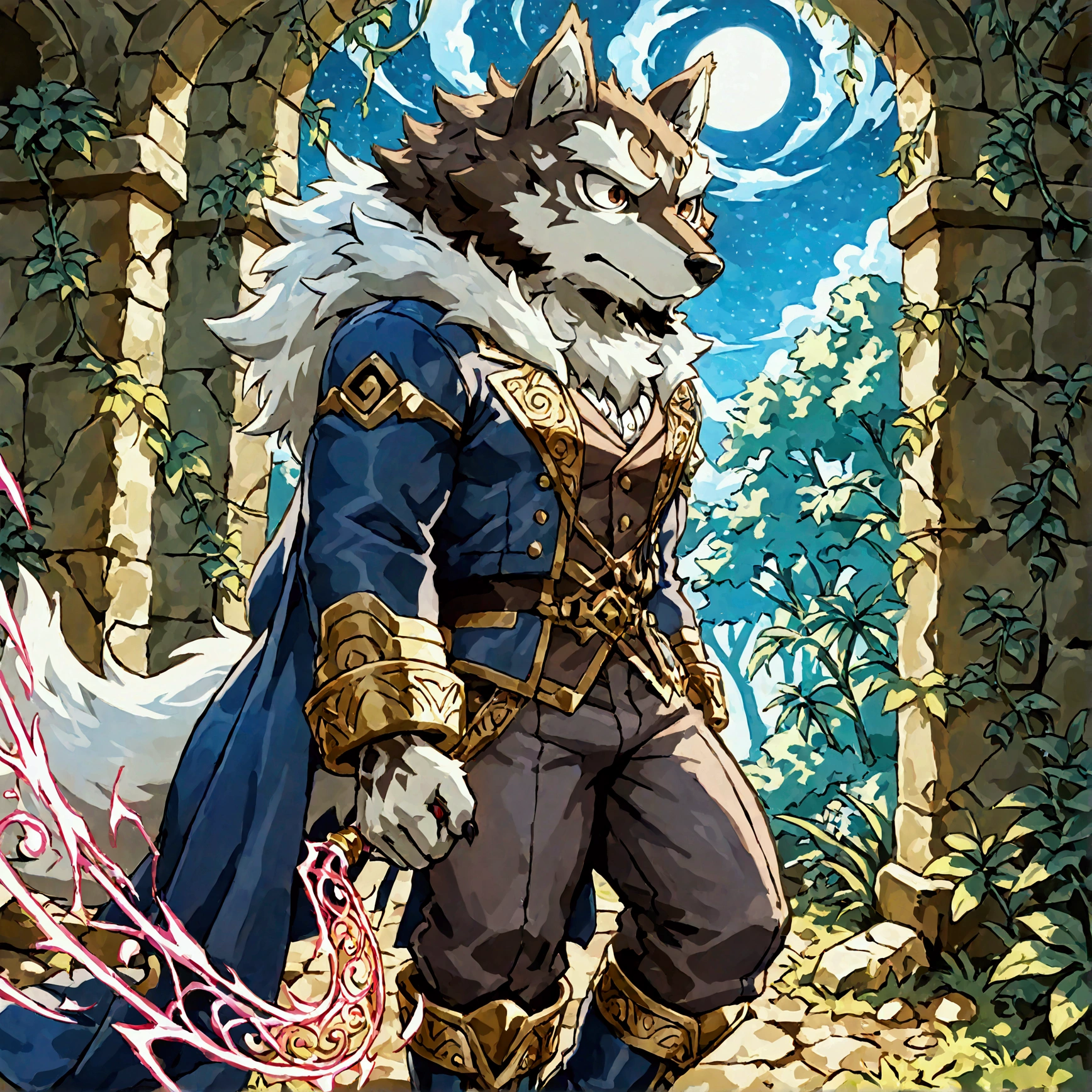 character focus, full body, looking away, dynamic angle, summoner, a middle-aged wolf man, magical costume clothes, jacket, shirt, pants, boots, setup magic whip summoning salamander, dynamic pose, BREAK full body in Michelangelo Buonarroti style, housamo style, digital illustration anime, detailed painting landscape, starry sky, jungle ruins, outdoor, full color, HDR, BREAK complete anatomy, perfect proportions, beautiful thigh gap, fluffy body, intricate fur details, beautiful fur texture, BREAK a detailed wolf 1tail, detailed boots, detailed foot, detailed hands, 5fingers, 5fingers nails, BREAK aesthetic anime face, insanity detailed face, male face, big face, square jawline, aesthetic anime eyes, detailed brown eyes, detailed brown cornea, detailed dark brown irises, detailed pupils, male eyes, big eyes, male eyebrows, innocent look, beautiful beard, BREAK masterpiece, official art, best quality, very aesthetic, absurdres, super fine illustration, great quality, BREAK noise reduction, very highres, large filesize, high quality, 32K, 8k wallpaper, dynamic lighting, BREAK insanity detailed, ultra detailed, intricate details, extremely detailed, detailed texture, an extremely delicate and beautiful, BREAK e621 illustration, osukemo, kemohomo, anthropomorphic, furry, cartoon, harmonious, pastoral face, virtuous eyes, epic atmosphere