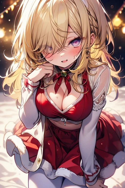 Chisatoniki, Chisato, short hair, bangs, Blonde, (Red eyes:1.5), Hair Ribbon, One side up, Bobcut,
Exposing shoulders, Twin tails, clavicle、Off-the-shoulder sweater、Upper chest、 Stomach、panties、Red ribbon, ショートTwin tails, Grin，Highest quality, High resolution,  (shape:0.8), (Beautiful and beautiful eyes:1.6), Highly detailed face, Perfect lighting, Detailed CG, (Perfect hands, Perfect Anatomy)