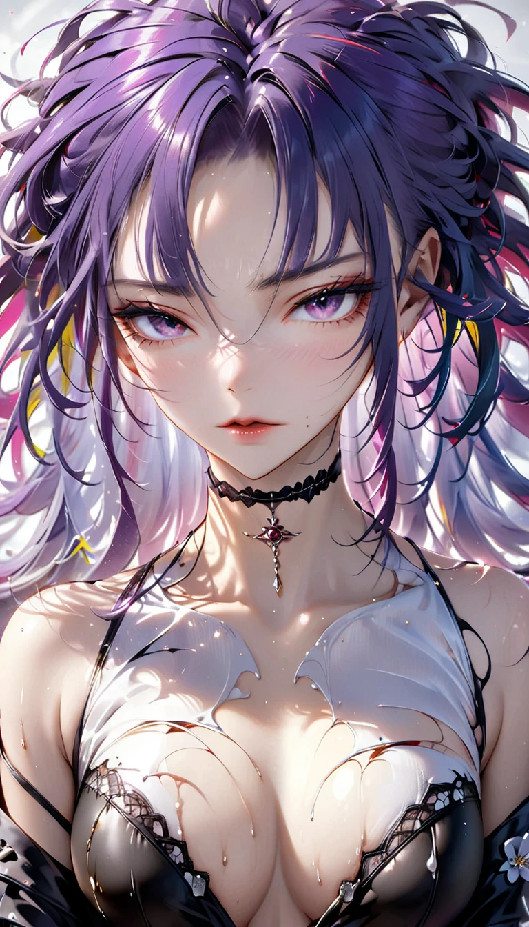 beautiful woman, cool and sadistic, amorous and lewd face, looking down with a cold gaze, make-up, beautiful messy hair, great proportion, tight suits, choker, (ultra detailed, absolutely resolution, best quality:1.3), 2.5D, delicate and dynamic, shading effects, hyper realistic, artistic photography, graphic CG digital art