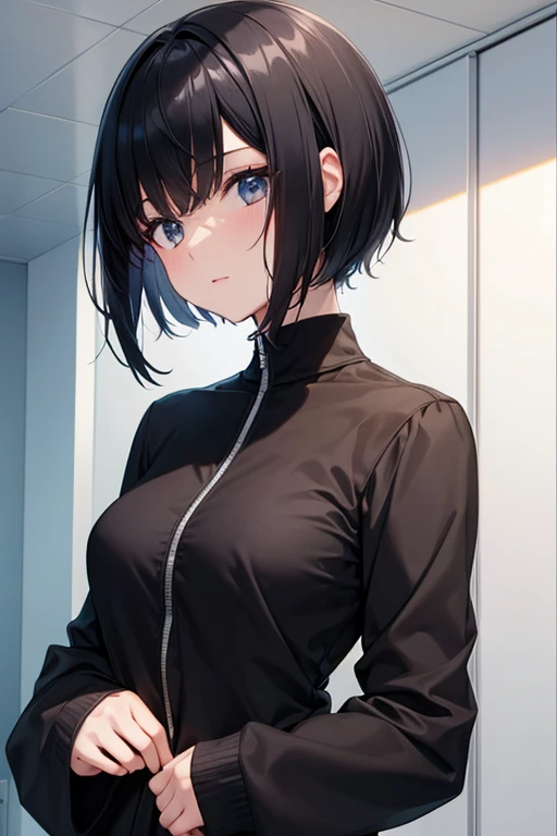 Woman in black recruit suit smile