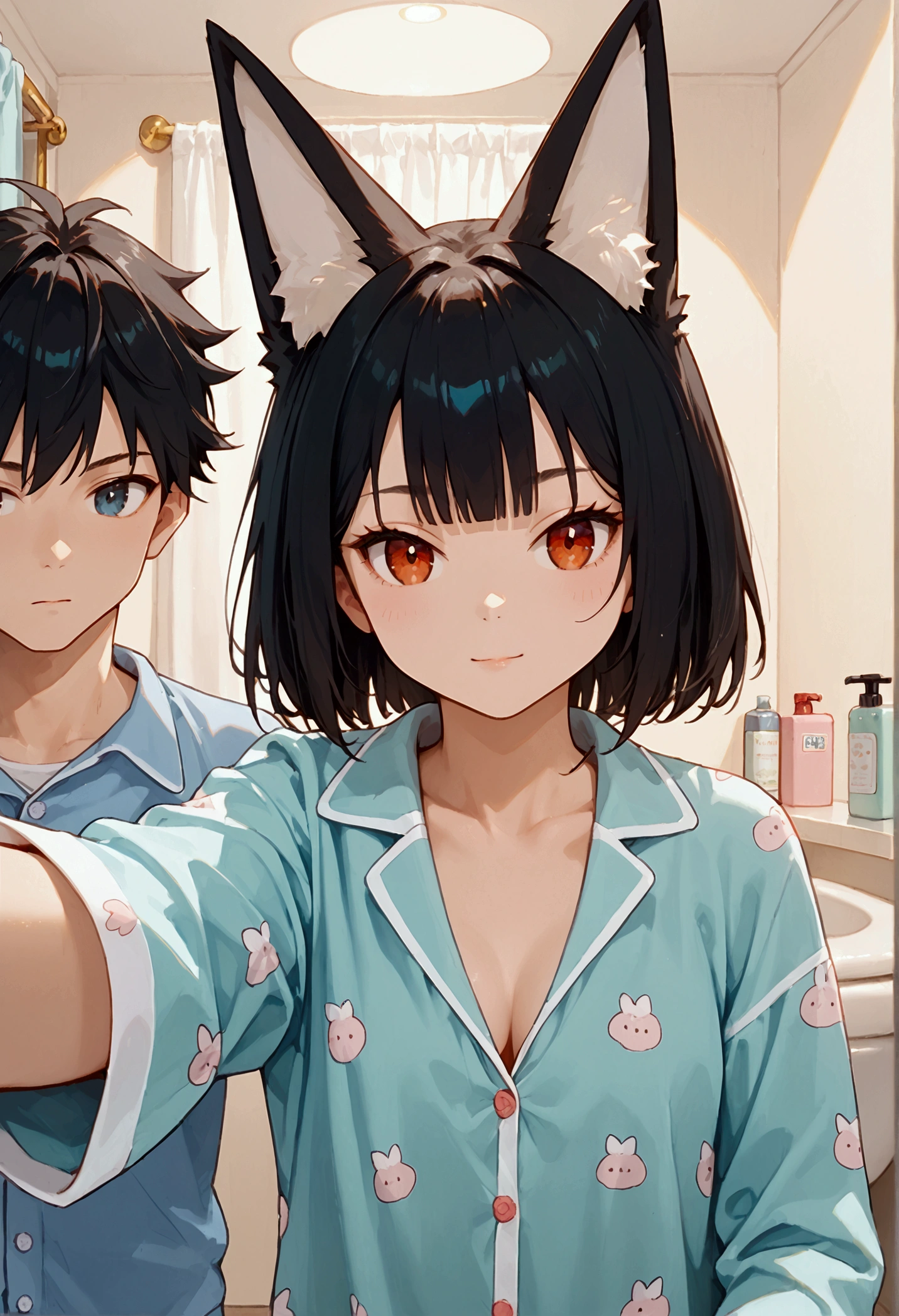 score_9,score_8_up,score_7_up, miyabizzz,James bond, 1girl, 1boy,Fox Black Hair and Normal hair Bathroom, Pajamas, Selfie Shot.