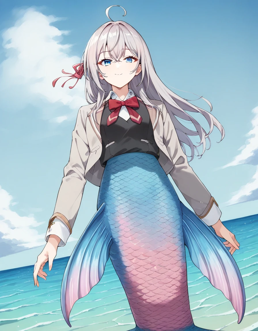 score_9, score_8_up, score_7_up, source_anime, pink mermaid, pink mermaid tail below waistline, scales pink mermaid tail, long pink mermaid tail, 
1girl, solo, looking at viewer, sea background, light smile,
alisa mikhailovna kujou, long hair, silver hair, ahoge, crossed bangs, red hair ribbon, sidelocks, blue eyes,
school uniform, grey jacket, open jacket, long sleeves, red bow, white shirt, collared shirt, black vest,