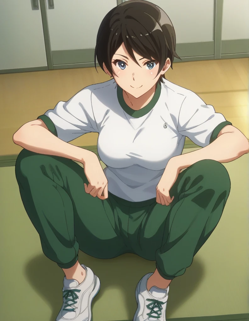 score_9, score_8_ up, score_7_ up, score_6_ up, score_5_ up,  Source_Anime, rating_safe, medium breasts, indoor, Gym,  One girl , Alone,  viewers, suzuki mirei ,  Shorthair, Eyebrow hair,  blue eyes, Gym uniform,  white shirt, Green trousers,  short shorts,  white knee-high ,  sneakers, smile,  dynamic pose, A little thick,judo player、judo、Inside the judo Gymnasium、On the tatami、discovery、whole body、rest、幼い頃judo家に育てられた. 