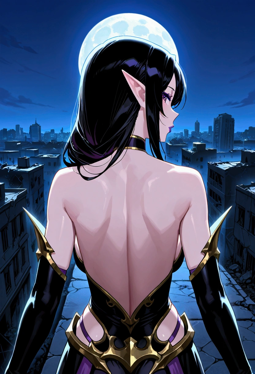 score_9, score_8_up, score_7_up, score_6_up, source_anime, DESorceress, 1girl, solo, female, voluptuous, purple lipstick, makeup, armor, big large breasts, natural breasts, pointy ears, black hair, inviting, looking at viewer, night sky, post-apocalypse, crumbling city on background, late night, moon, dark alleyway, detailed face, (masterpiece), best quality, high res, HD, 4k, 8k, Detailed Illustration, intricate detail, cinematic lighting, amazing quality, amazing shading, soft lighting, absurdres, newest, close-up, portrait, dynamic angle, sexy pose, charming, seducing, teasing, from behind, back, rear back,