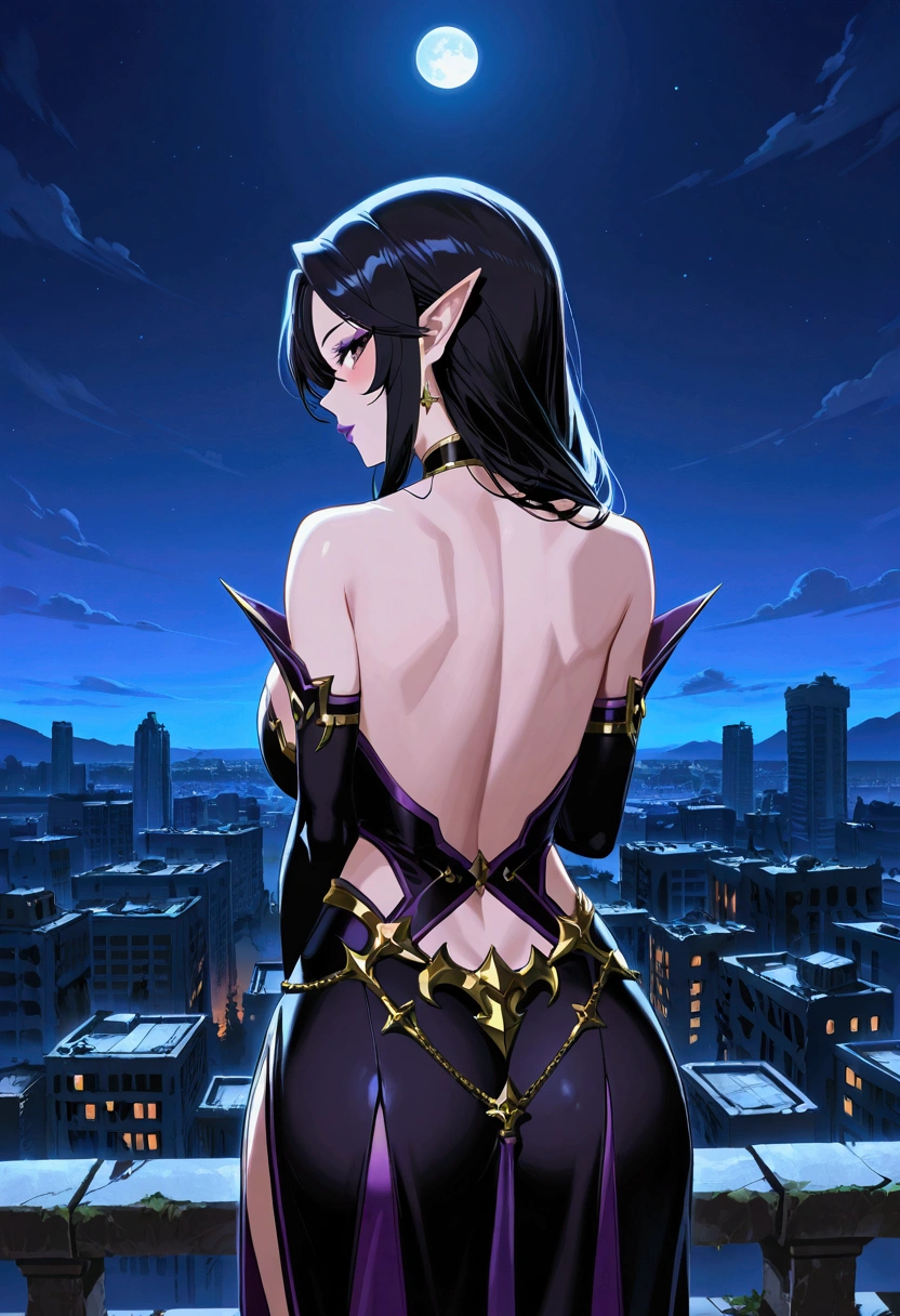 score_9, score_8_up, score_7_up, score_6_up, source_anime, DESorceress, 1girl, solo, female, voluptuous, purple lipstick, makeup, armor, big large breasts, natural breasts, pointy ears, black hair, inviting, looking at viewer, night sky, post-apocalypse, crumbling city on background, late night, moon, dark alleyway, detailed face, (masterpiece), best quality, high res, HD, 4k, 8k, Detailed Illustration, intricate detail, cinematic lighting, amazing quality, amazing shading, soft lighting, absurdres, newest, close-up, portrait, dynamic angle, sexy pose, charming, seducing, teasing, from behind, back, rear back,