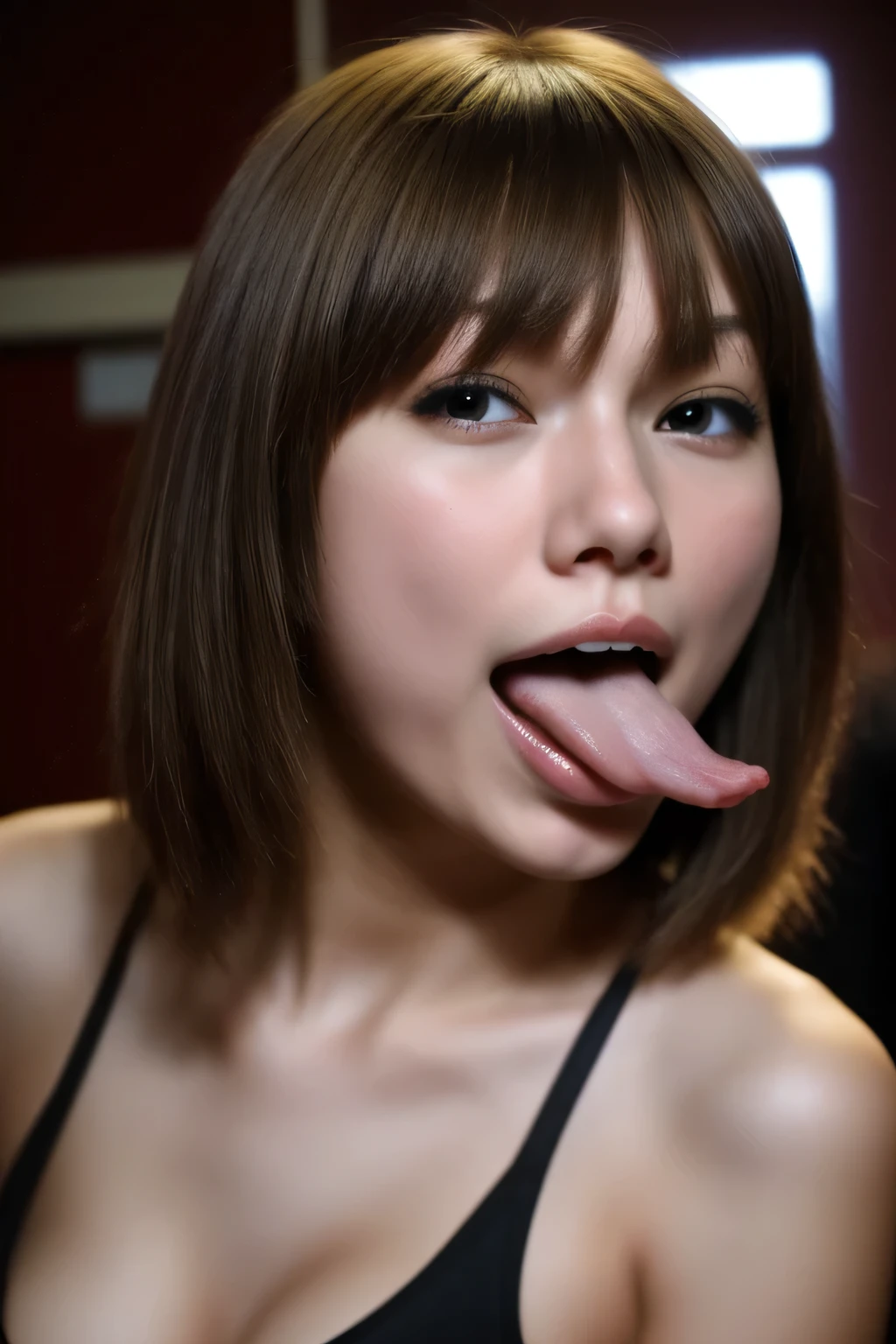  Japanese woman,  beautiful girl , , Brown Hair, ,  Top Quality Realistic Skin ,  Focused Eyes , 20 years old,  stick out your tongue , Focus on your mouth ,   open mouth,  long tongue, saliva,   open mouth wide,  I can see the inside of my mouth,   open mouth and  stick out your tongue  , Taylor Swift, black camisole sandwiching a human woman ,