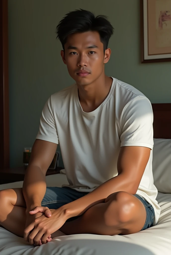 Thai man, 30 years old, handsome face,stalwart, Seduction on the face, Wear thin white shorts.,,Sitting ice cream Cron on the sofa,in a kneeling position,There is a pop bucket in front of my lap., full body, Realistic photos,Highly detailed
