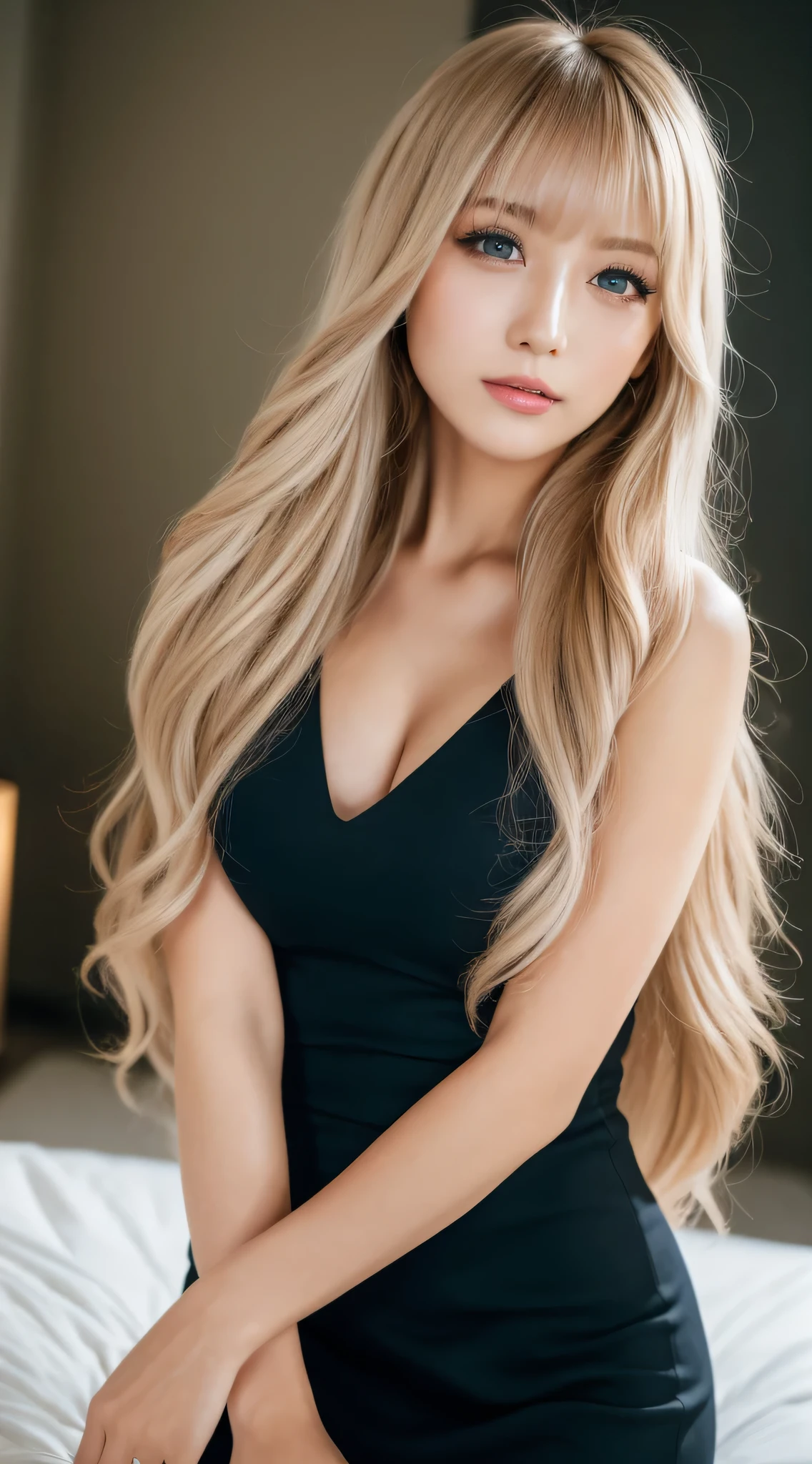 (((((super Long Hair、Long Hair、超Long Hair、Camisole dress、Fluffy Wave、White Blonde、Gal、beauty、Well-groomed face、Nordic、beautiful girl、Black background、Russia、Northern Europe))))), Highest quality, shape, Very detailed, finely, High resolution, 8k wallpaper, 完璧なダイナミックな構shape, finelyて美しい目,  Natural Lip , Big Breasts, Random sexy poses, Cowboy Shot、Stand and face the front