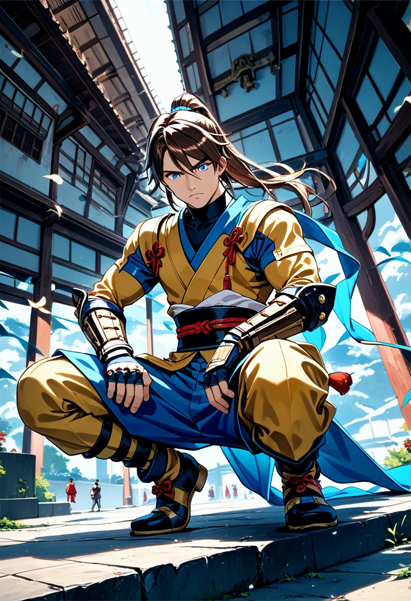 (score_9:0.7), score_7_up, source_anime,
1boy, male, tall, handsome, 
brown hair, high ponytail, bangs,
blue eyes, half-closed eyes, serious, 
squatting,  ninjya costume,

low-angle view, from below, looking down, full body, facing viewer, hip focus, facing up,
masterpiece, best quality, very aesthetic, absurdres, ultra detailed, 
detailed face, detailed eyes,