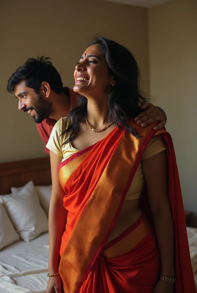 cute woman wearing saree cradle carrying her muscular husband