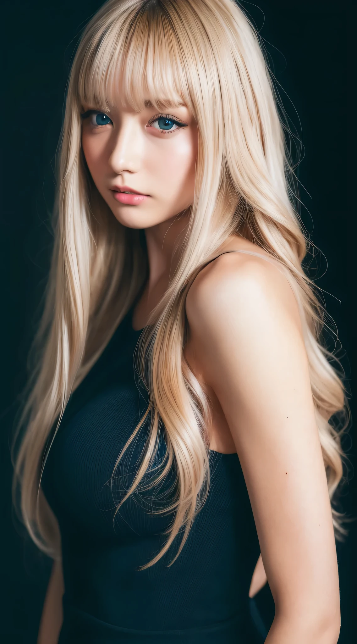 painting of hot woman pretty ,slick-blonde-back hair ,wearing black dress ,slickback-hair, hairstyle,slick hair,big breast,white pale skin, soft,inspired by Albert Anker ,pale woman , hot,black background, simple background , blur
