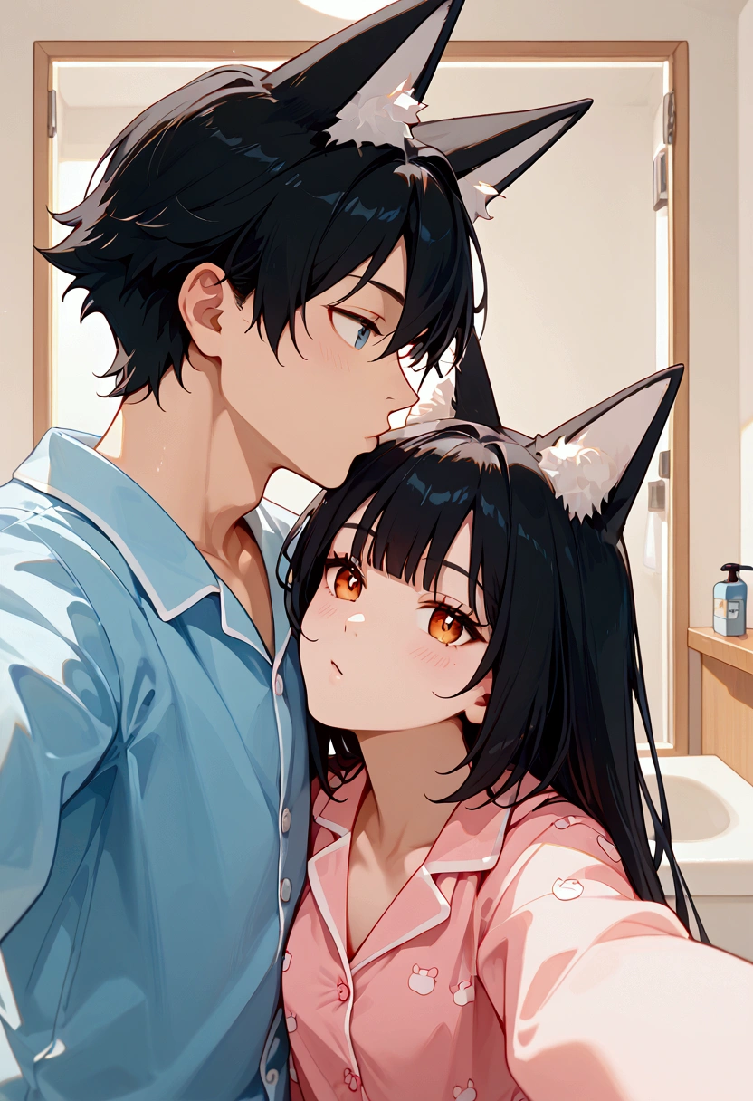 score_9,score_8_up,score_7_up, miyabizzz,James bond, 1girl, 1boy,Fox Black Hair and Normal hair Bathroom, Pajamas, Selfie Shot, Kissing.