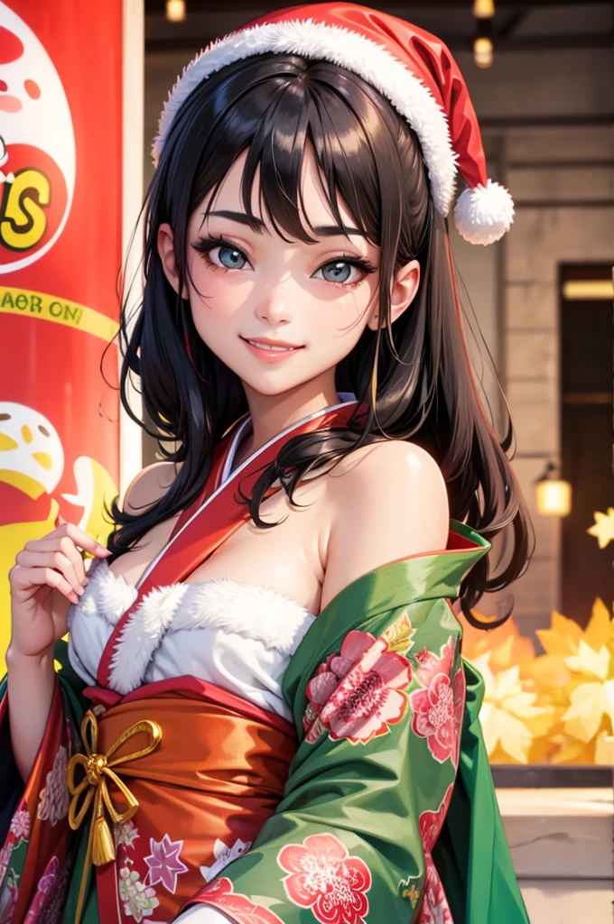 A bust shot of a smiling beautiful woman in a kimono celebrating Christmas