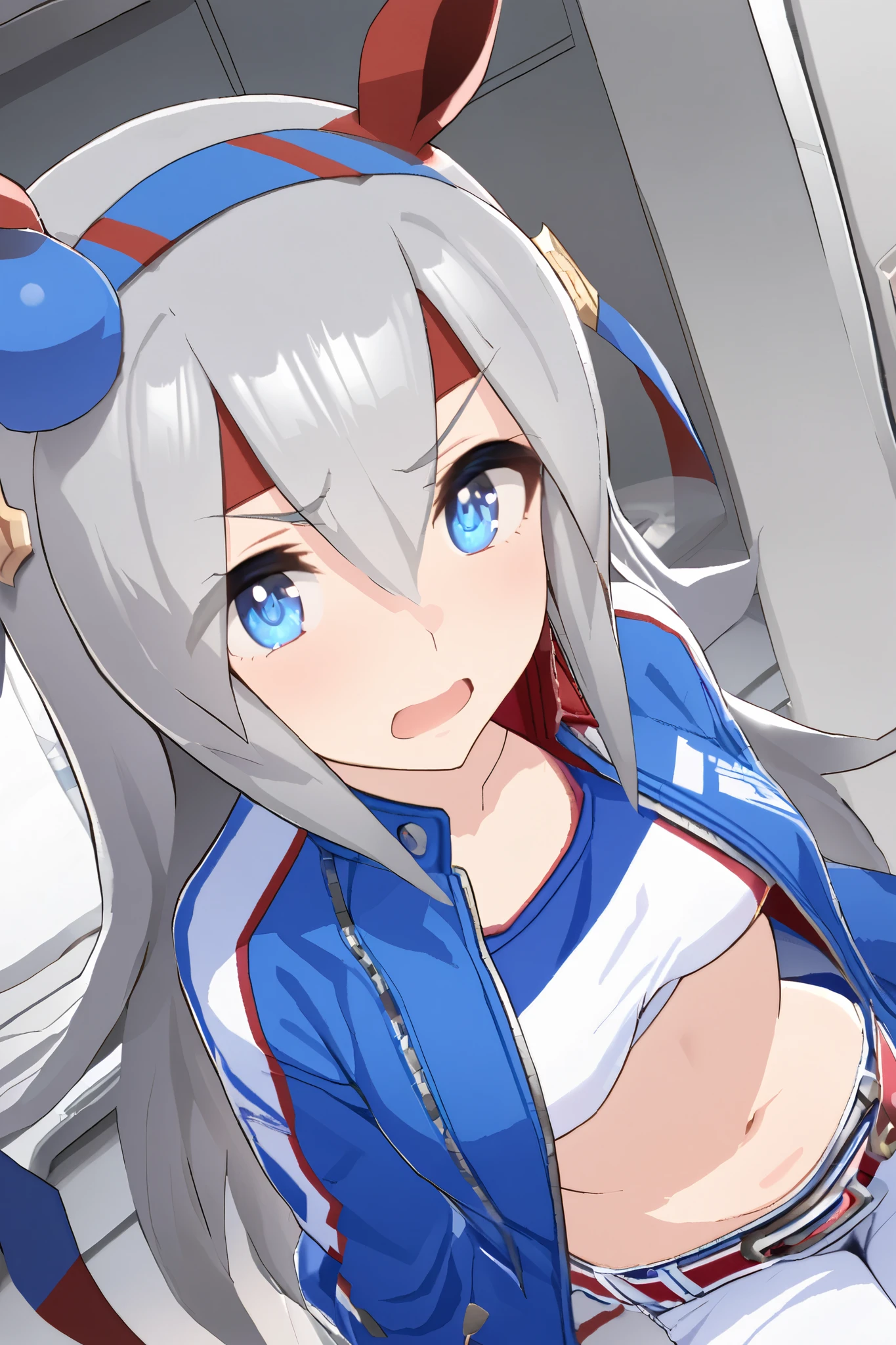 NSFW,tamamo cross \(umamusume\),(Perfect hands),(Perfect Anatomy),(masterpiece),(highest quality),Embarrassed,blush,cropped,Off the shoulder,hot pants,Love Hotel,bedroom