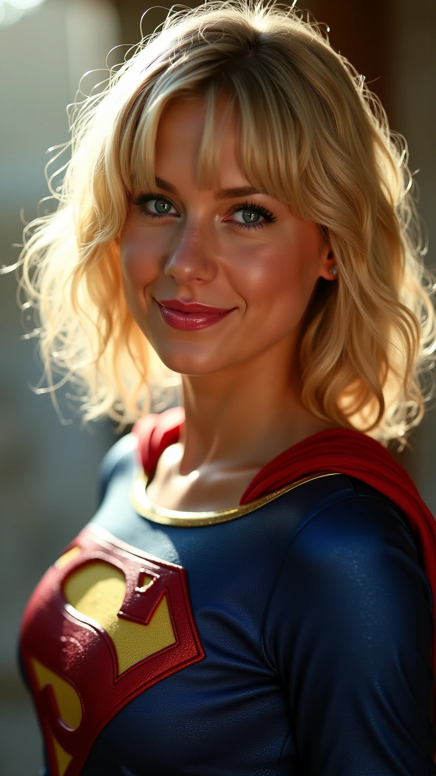 1girl, supergirl, High Resolution, Breasts, Blush, BLONDE, Short Hair, Bangs, Solo, Long Hair, Looking at viewer, Smile, Open Mouth, Blue eyes, Backlighting, Film Grain, Bokeh, cinematic, 4k, HD