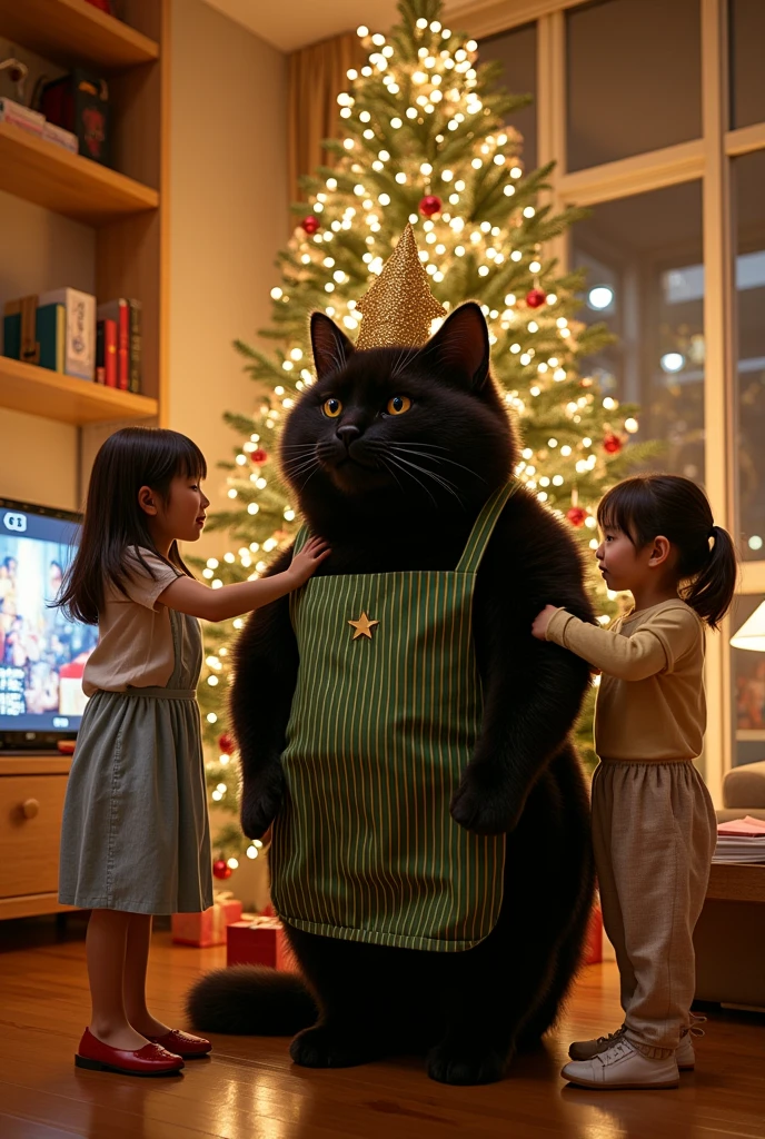 ultra-realistic, photorealistic, dramatic scene, shadow, global-illumination, (the human-like very large black cat with vertical striped green apron is standing in the stylish Japanese apartment room), (A beautiful with cute Japanese 20 years old girl and ************** girl are decorating a cat as a Christmas tree), (a cat wearing a star shaped hat with Christmas illumination), (the very cute blonde haired Japanese ************** girl), (20 years old girl with shoulder-length brown hair), the girls look so happy, a TV and table and shelf are in the room, gorgeously decorated with Christmas decorations