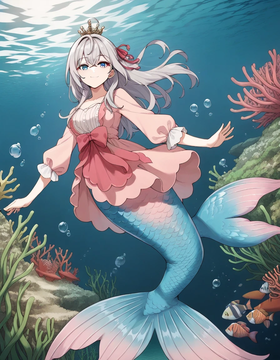 score_9, score_8_up, score_7_up, source_anime, pink mermaid, pink mermaid tail below waistline, scales pink mermaid tail, long pink mermaid tail, 
1girl, solo, looking at viewer, underwater, bubble airs, fish, coral, seaweed, light smile,
alisa mikhailovna kujou, long hair, silver hair, ahoge, crossed bangs, red hair ribbon, sidelocks, blue eyes, mermaid wear dress,
long dress, pink dress, long sleeve dress, crown, pearl crown,