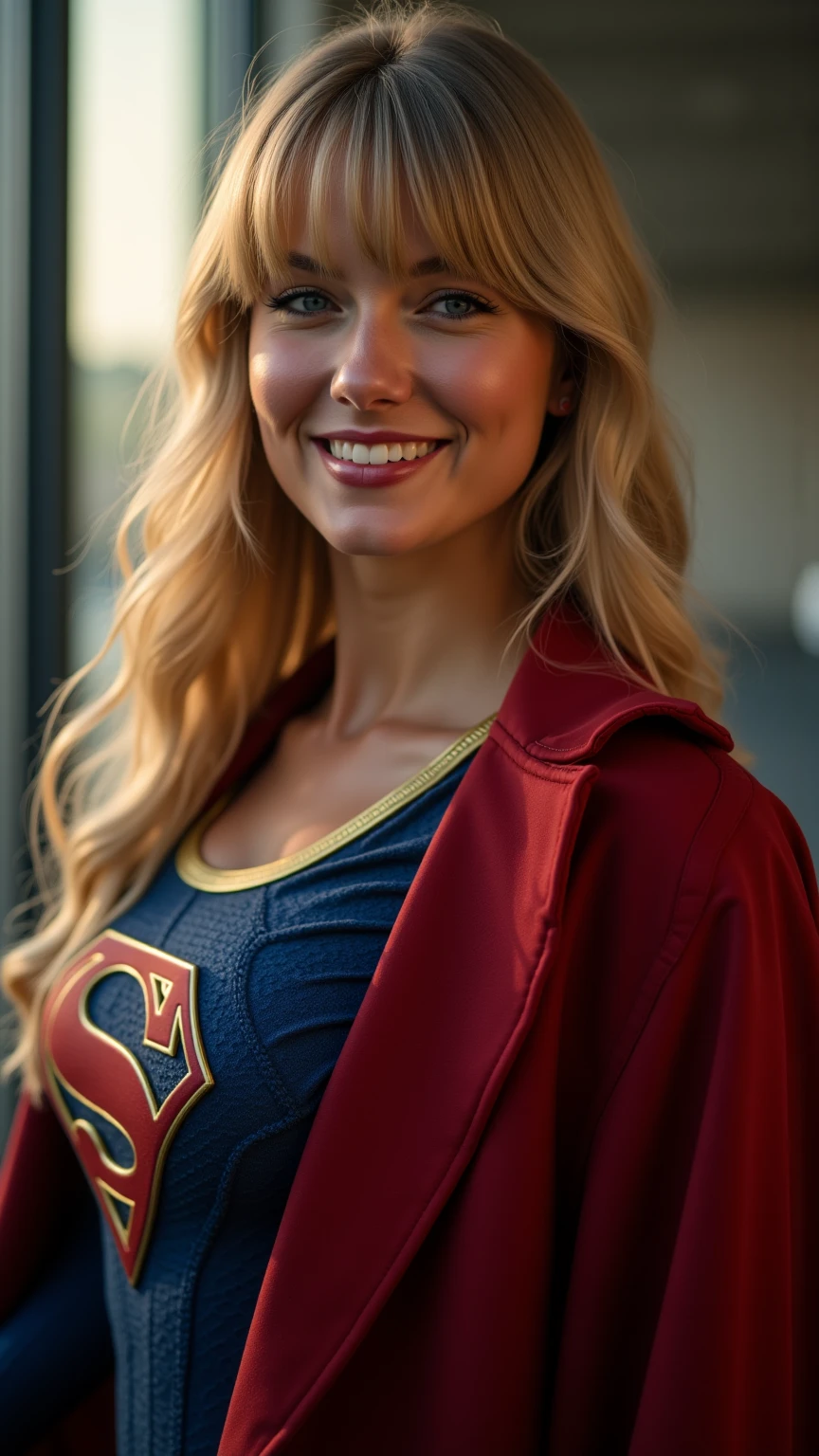 1girl, supergirl, High Resolution, Breasts, Blush, BLONDE, long Hair, Bangs, Solo, Long Hair, Looking at viewer, Smile, Open Mouth, Blue eyes, Backlighting, Film Grain, Bokeh, cinematic, 4k, HD