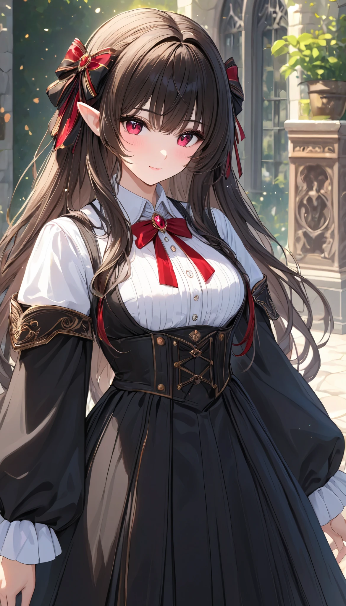 ((Best quality, 8k, Masterpiece: 1.3)), Highly detailed face and skin texture, big Black hair ribbon, brown hair, girl attending magic school, elf girl, solo, Black Robe, White blouse, red ruby ​​pendant