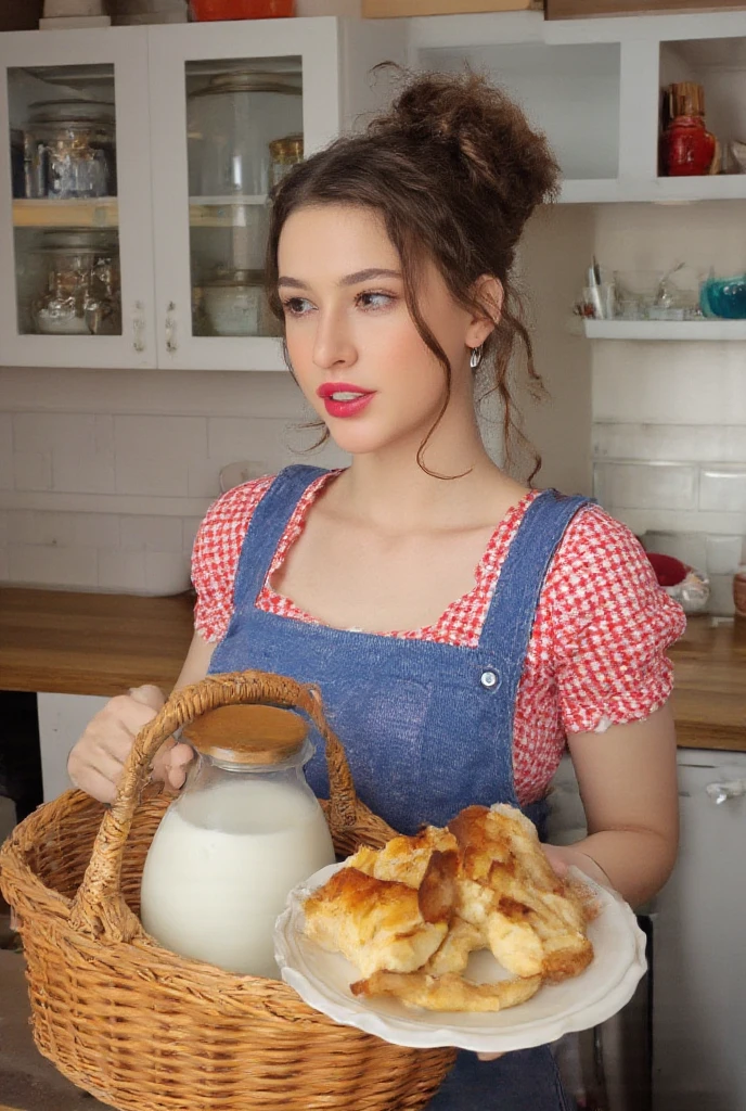 A vibrant, retro-style portrait of dasha_taran in a kitchen. She wears a red and white checkered dress with a blue apron, holding a wicker basket containing a glass jug filled with milk and a plate of pastries. Her hair is styled in a voluminous updo, and she wears bold red lipstick. The kitchen features white cabinetry with glass jars and containers, a wooden countertop, and a white brick wall. The color palette is dominated by whites, reds, and blues, creating a warm and inviting atmosphere.