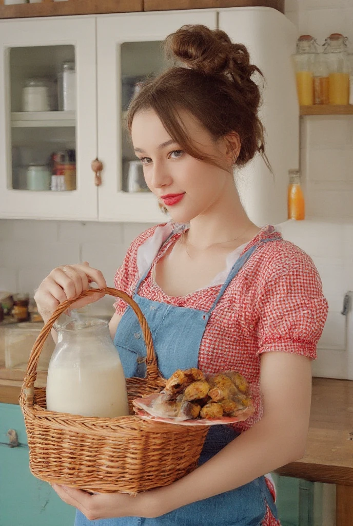 A vibrant, retro-style portrait of dasha_taran in a kitchen. She wears a red and white checkered dress with a blue apron, holding a wicker basket containing a glass jug filled with milk and a plate of pastries. Her hair is styled in a voluminous updo, and she wears bold red lipstick. The kitchen features white cabinetry with glass jars and containers, a wooden countertop, and a white brick wall. The color palette is dominated by whites, reds, and blues, creating a warm and inviting atmosphere.