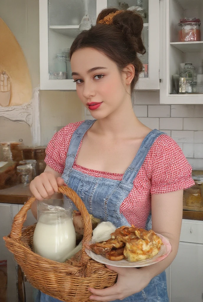 A vibrant, retro-style portrait of dasha_taran in a kitchen. She wears a red and white checkered dress with a blue apron, holding a wicker basket containing a glass jug filled with milk and a plate of pastries. Her hair is styled in a voluminous updo, and she wears bold red lipstick. The kitchen features white cabinetry with glass jars and containers, a wooden countertop, and a white brick wall. The color palette is dominated by whites, reds, and blues, creating a warm and inviting atmosphere.