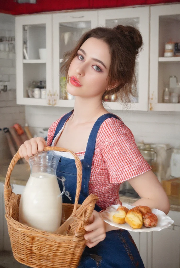 A vibrant, retro-style portrait of dasha_taran in a kitchen. She wears a red and white checkered dress with a blue apron, holding a wicker basket containing a glass jug filled with milk and a plate of pastries. Her hair is styled in a voluminous updo, and she wears bold red lipstick. The kitchen features white cabinetry with glass jars and containers, a wooden countertop, and a white brick wall. The color palette is dominated by whites, reds, and blues, creating a warm and inviting atmosphere.