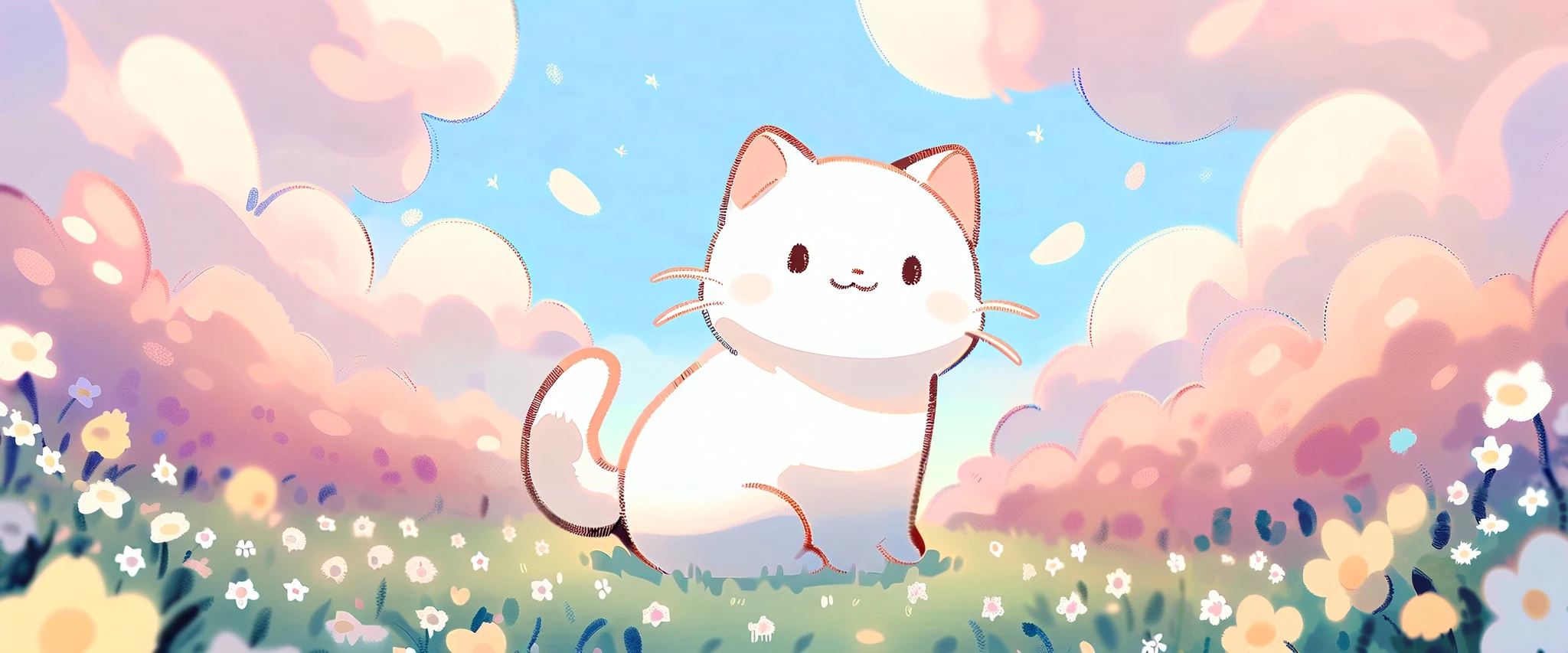 cartoon cat and kittens In a field of flowers with a sky background, Animated visual of cute cats, Kawaii cat, Cute cat, Lovely artwork, sitting In a field of flowers, In a field of flowers, Cute anime, Soft anime illustration, by Eizan This is a gift, Illustration of two cats, Anime cat, background is heavenly，Blue sky and white clouds，landscape ,Scottish folding cat. lakeside, wildflowers, There are houses in the distance. Dreamy