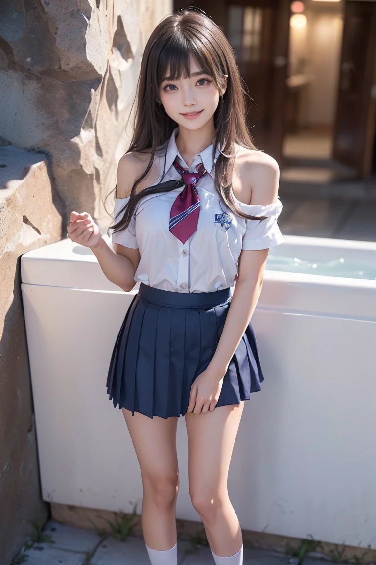 ((( top quality ))), ((masterpiece)), ( Details), ((solo)), ((((( high school girl in a school uniform))))), ((Slender body)), ((((( flipped skirt ))))), (( white skin)), Mysterious Light, ((((Angle of view that includes face and whole body)))), ((( well-prepared face))), (( big eyes)), (((((Droopy eyes))))), ((((Closer Eyes)))), Slim beautiful buttocks, (Glowing skin), (( angle from below )), (((((The posture of standing and straddling one's knees))))), (((( correct anatomy)))), share, (((Stylish bangs))), (Short body), ((((((outcrop)))))), Slender legs, (((((Embarrassed face))))), (((bath))), ((((((Raise your shoulders)))))),  ((smile)), ((((night)))), Small face,