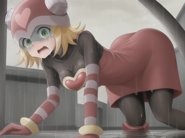 harpnote_megamansf, 1girl, blonde hair, short hair, heart, (helmet), green eyes, looking behind, crying, high quality, sad, masterpiece, torn clothes,  breasts, large hips, concerned, tears, thicc, torn clothes, open mouth, defeated, perky breasts, cut clothes, ripped clothes, weak, tight clothes, Thicc, raining, surrounded, wet clothes, captured, pantyhose, sewer, raining, penetration, penetrate, dead eyes, pantyhose, agony, tears, bound, side view, looking at viewer, held down, on all fours, short skirt, forced, held down, surrounded by tentacles, mini skirt, mini dress, 